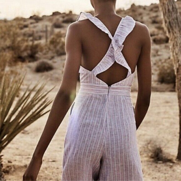 Anthropologie Elevenses Linen Nantucket Ruffle Wide Leg Jumpsuit Lavender $148 - Picture 4 of 16